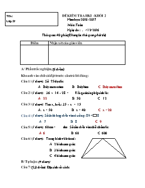 Đề kiểm tra cuối học kì I môn Toán lớp 2 (Kèm đáp án) - Năm học 2016-2017